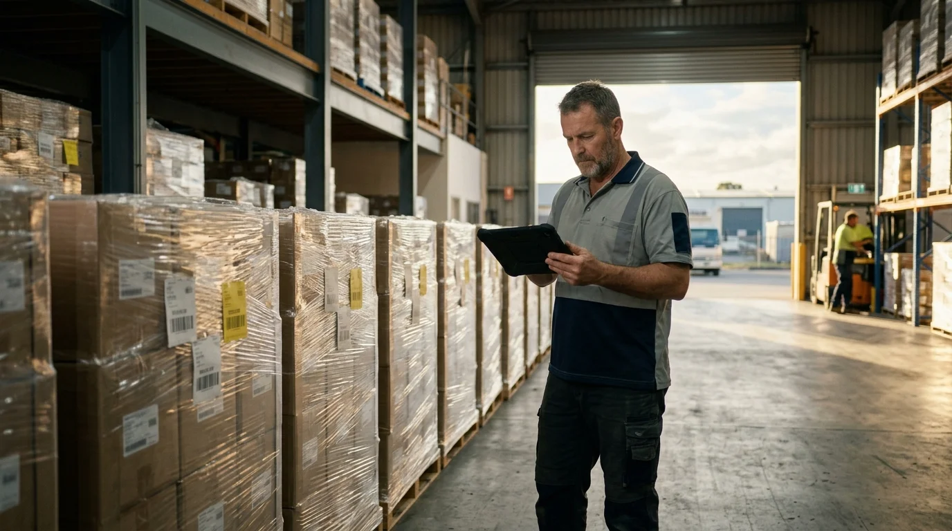 An Australian warehouse manager reviewing a shipment ledger on a tablet while standing beside a neatly organized run of received pallets, morning light through the roller door, the screen and papers angled away from camera.