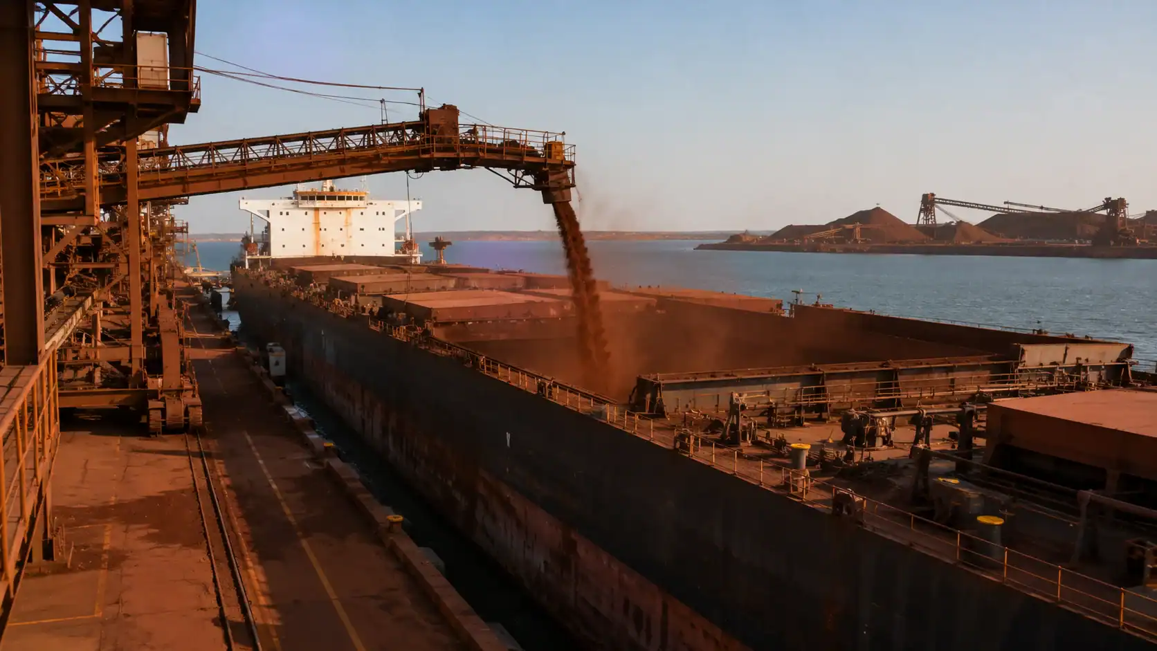 Pilbara iron-ore mining operation or a bulk carrier at a Western Australian port (Port Hedland aesthetic), overlaid or paired with a stylised AUD chart or currency-strength visualization