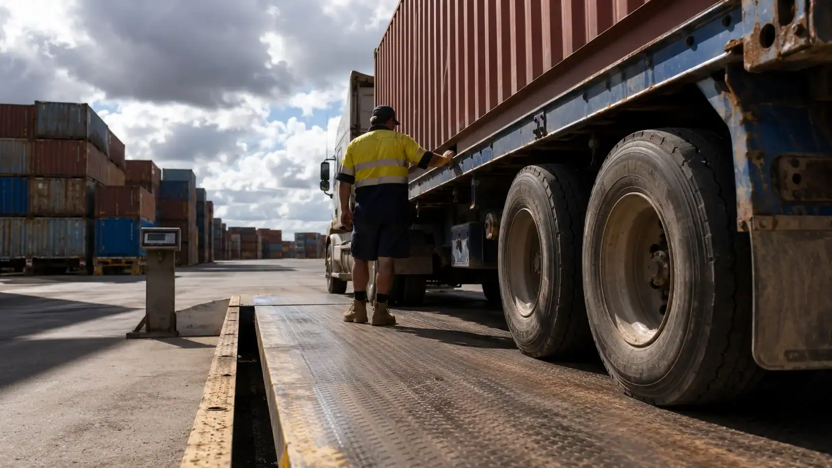 Hi-vis worker checking a loaded shipping container on a semi-trailer at a port weighbridge, with stacked containers under a cloudy sky in the background, representing the freight side of landed-cost planning