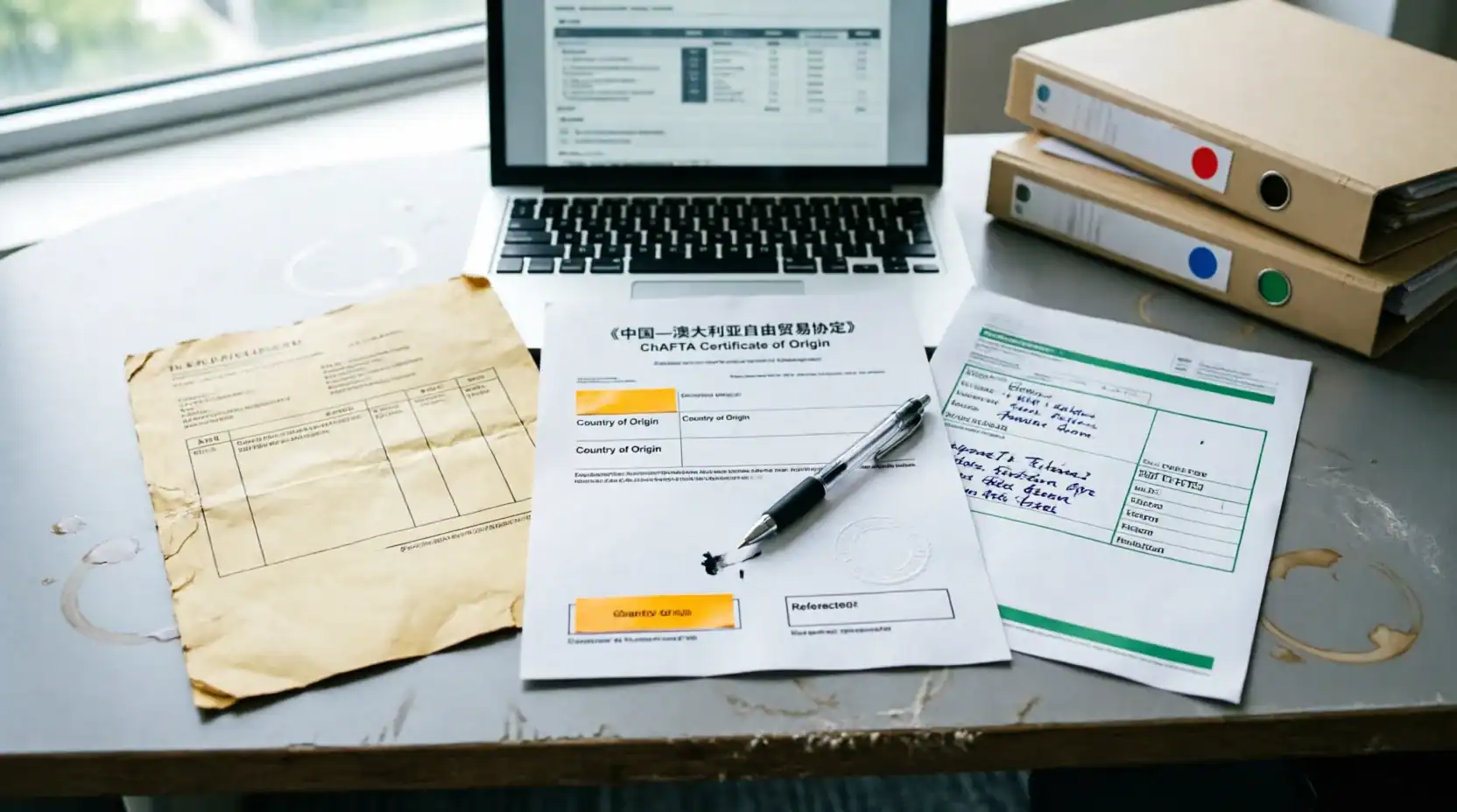 A procurement manager or importer at a desk reviewing shipping documents with a visible customs hold notice or duty assessment — the moment of discovering an avoidable mistake