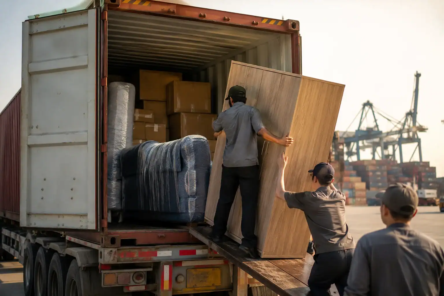 20ft and 40ft shipping containers being loaded at port for Thailand FCL shipment