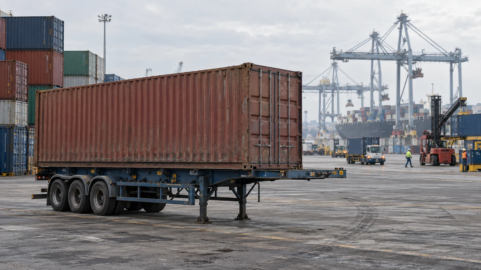 A single shipping container sits alone on a chassis in a port yard, with cranes and a container ship working in the hazy background.
