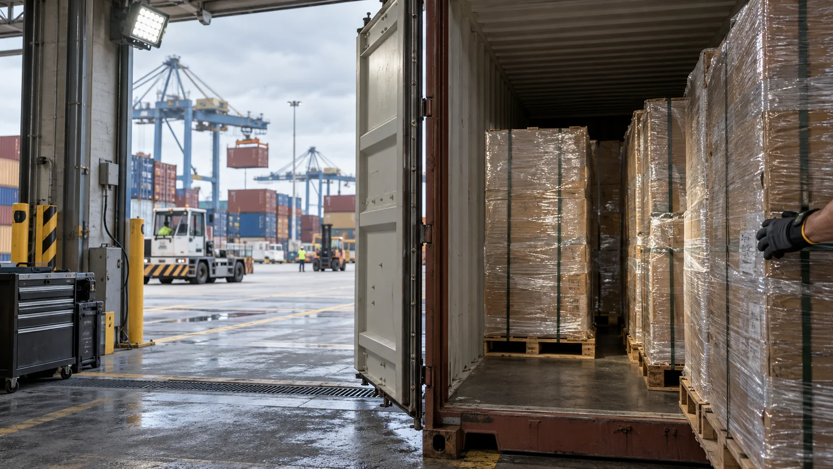 A gloved hand checks a wrapped pallet inside an open shipping container under floodlights, with the yard continuing behind.