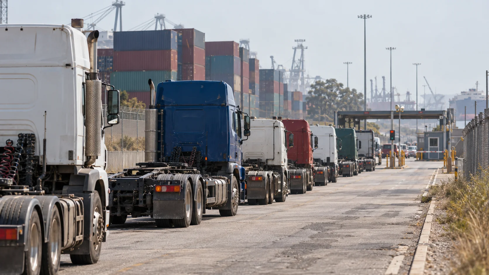 A line of container trucks with idling engines queues on an access road toward a gated depot stacked with containers.