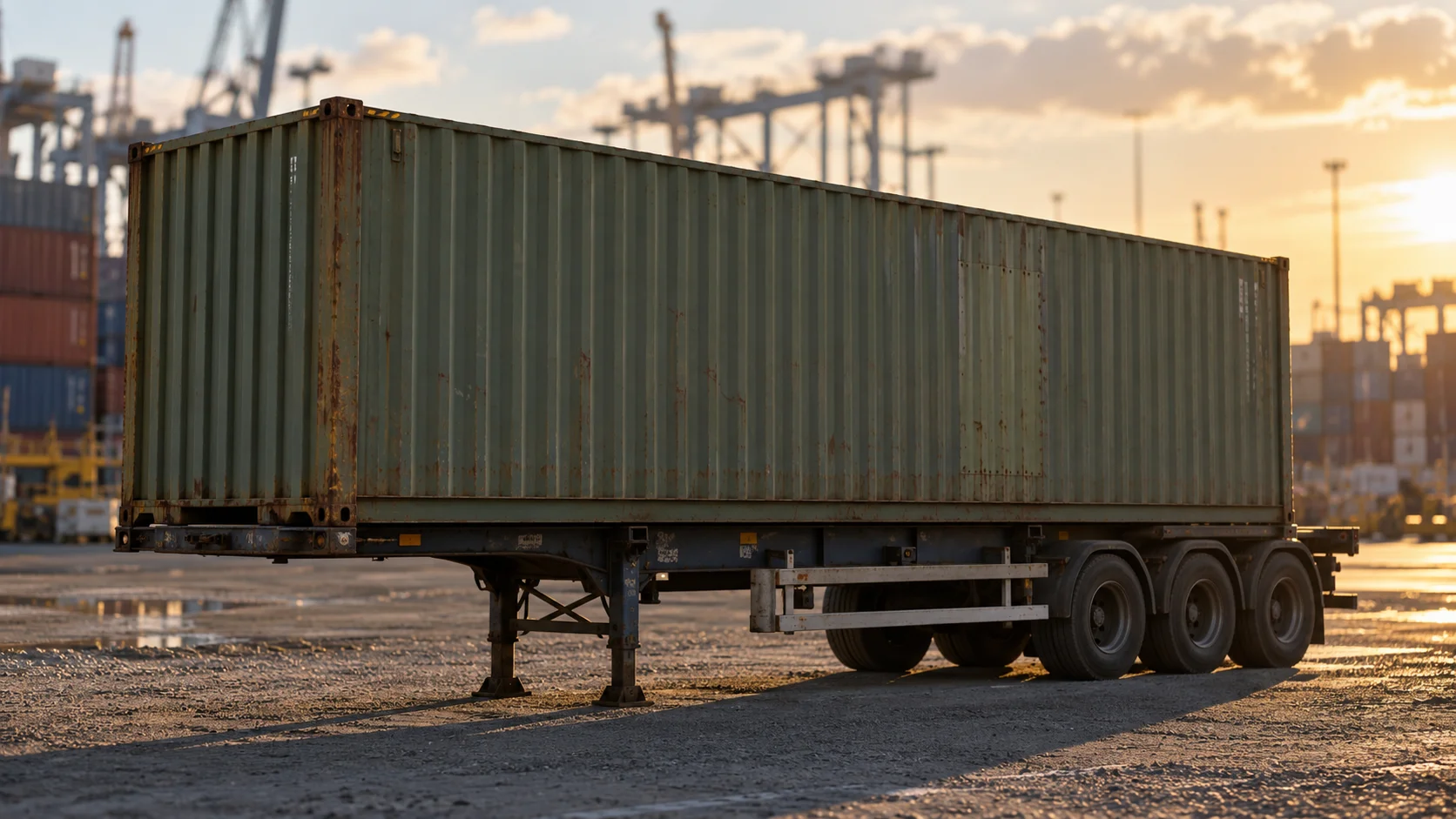 A single 40-foot shipping container sits isolated on a chassis at the edge of a Melbourne-area port storage yard, late-afternoon light warm and low, casting a long