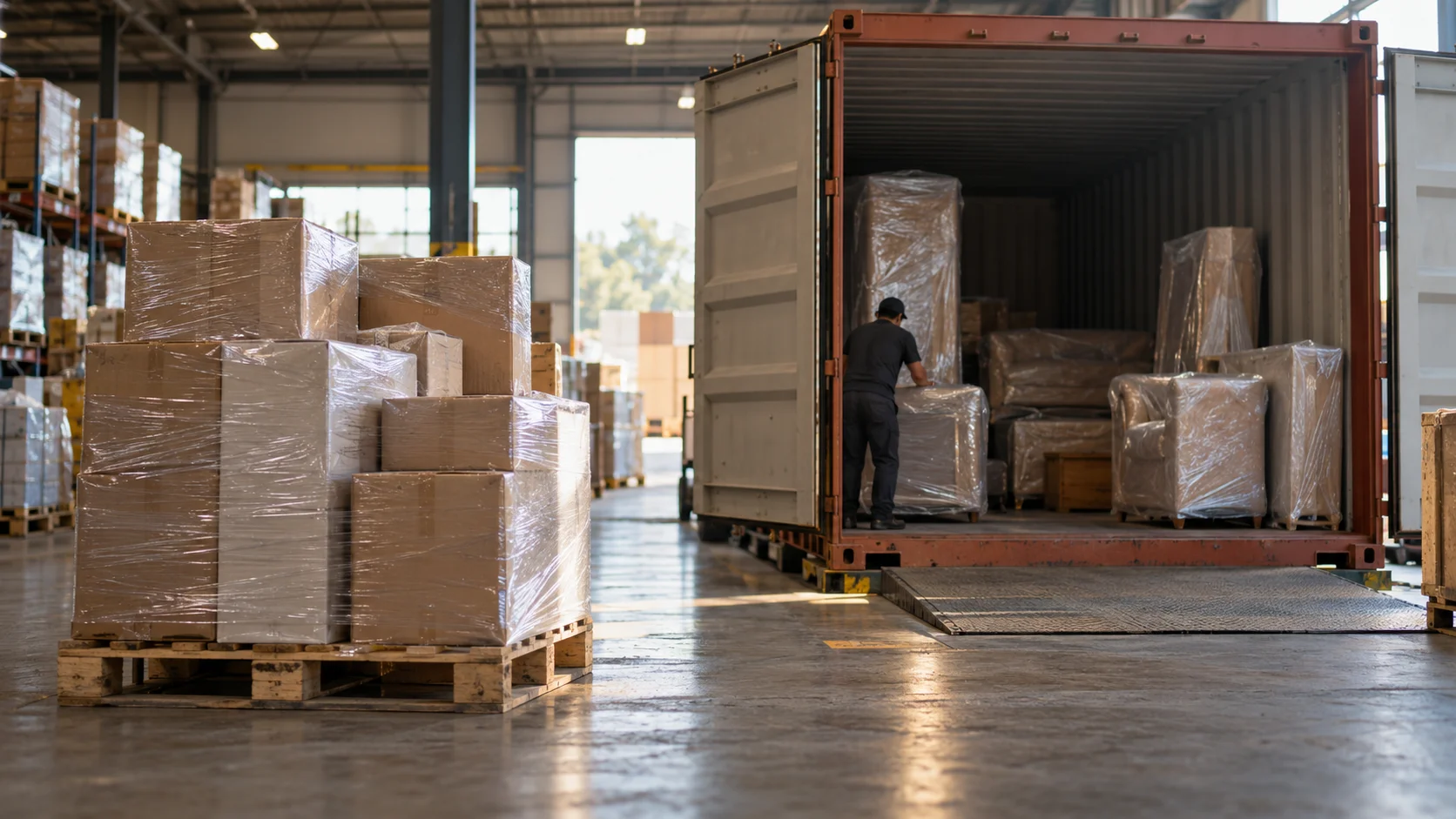Worker loading wrapped armchairs and furniture into an open container beside a pallet of wrapped cartons, showing a household load