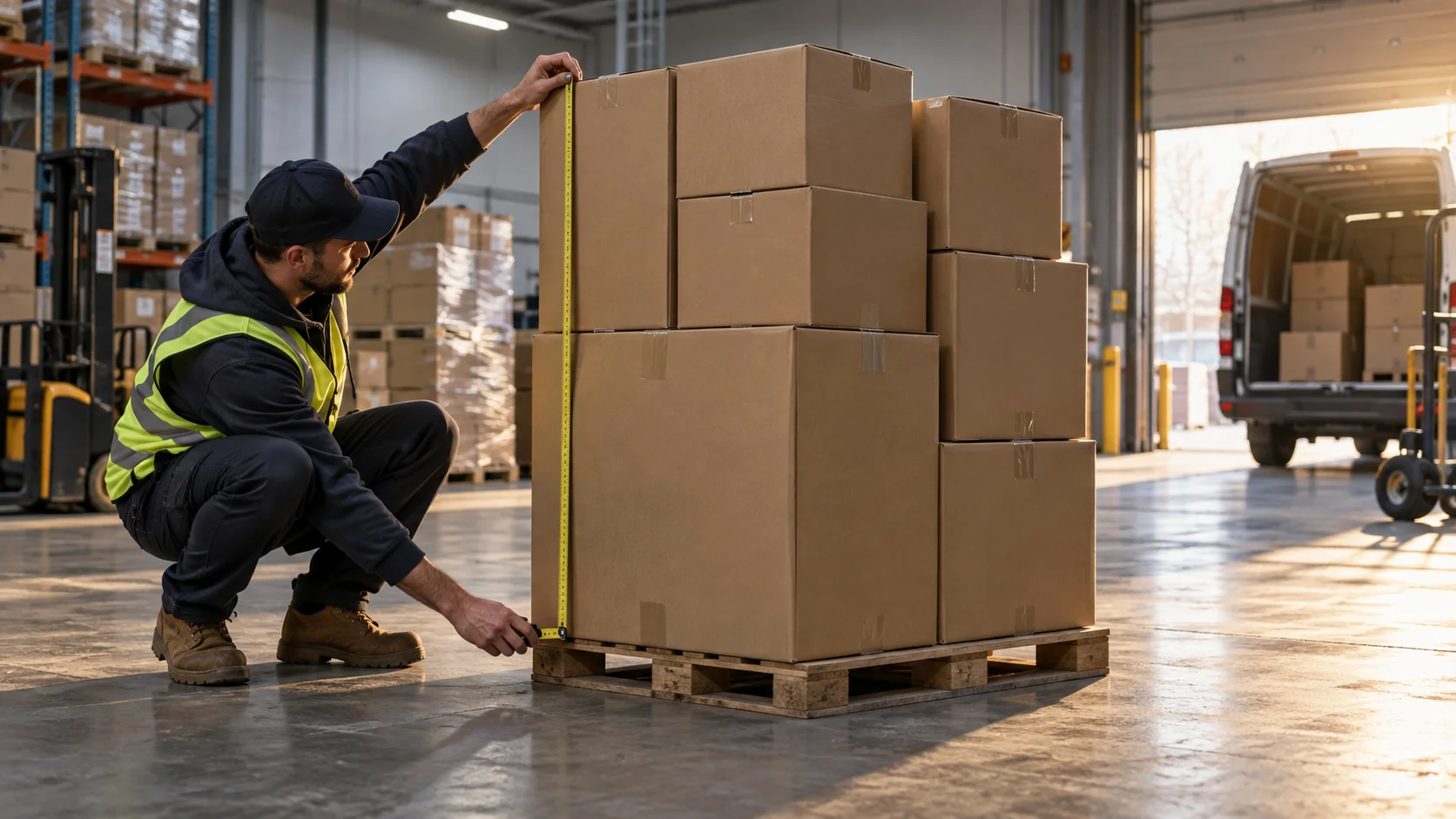 A warehouse worker in a hi-vis vest crouches to measure a stack of cardboard boxes on a pallet with a tape measure near an open loading bay.