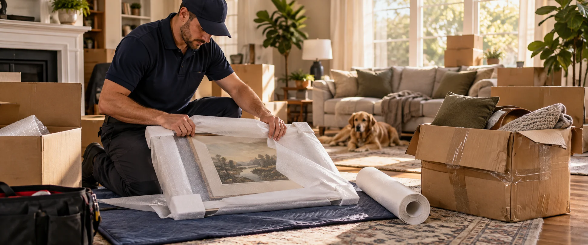 A mover kneels in a sunlit living room wrapping a framed landscape painting in bubble wrap while a golden retriever rests nearby among moving boxes.