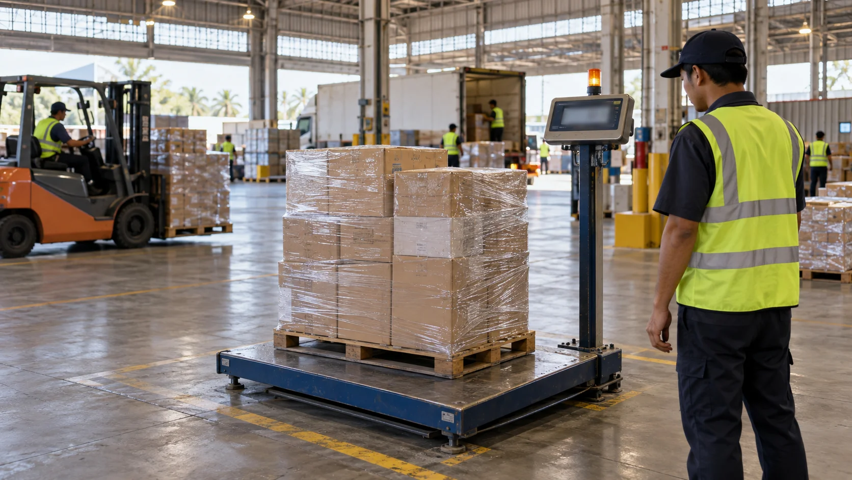 A warehouse staff member in a hi-vis vest stands beside a shrink-wrapped pallet resting on a large industrial floor scale in an open-sided tropical warehouse.