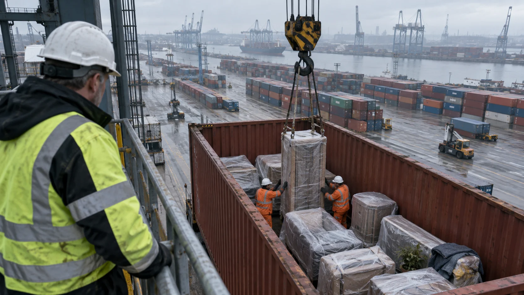 Viewed from an elevated gantry, a worker watches a crane lower wrapped furniture into an open shipping container at an overcast European container port.