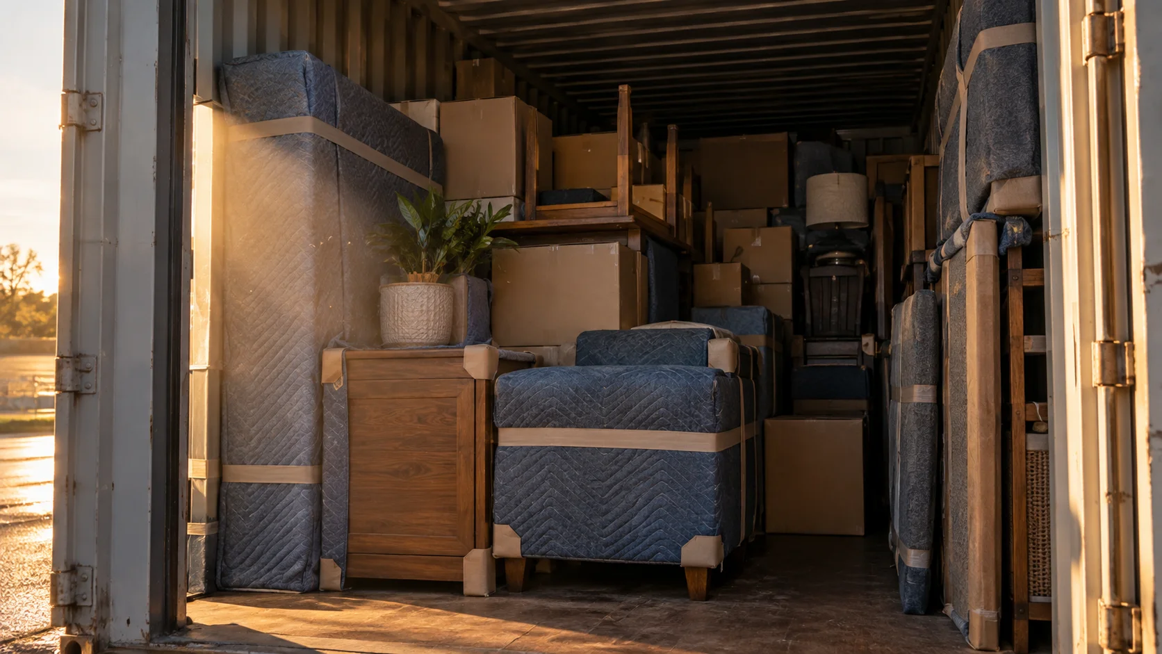 Warm late-afternoon light spills into a shipping container tightly packed with quilt-wrapped furniture, boxes, and a potted plant.
