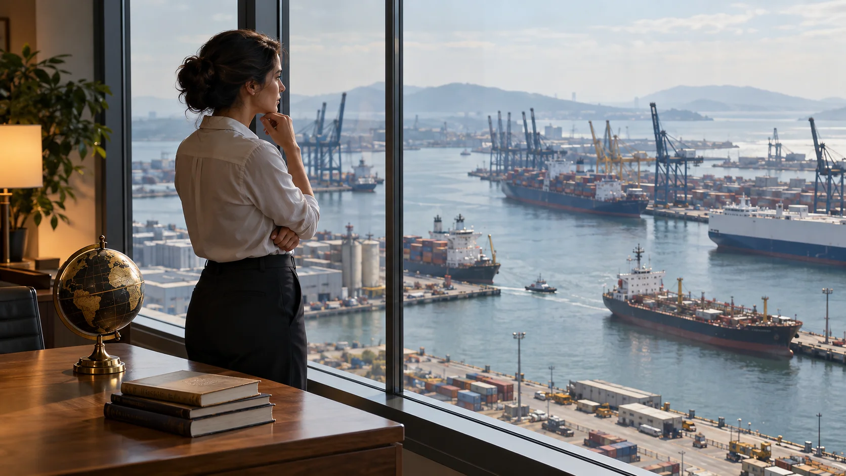 Logistics coordinator looking out over an active port with several vessels at berth beneath soft midday haze