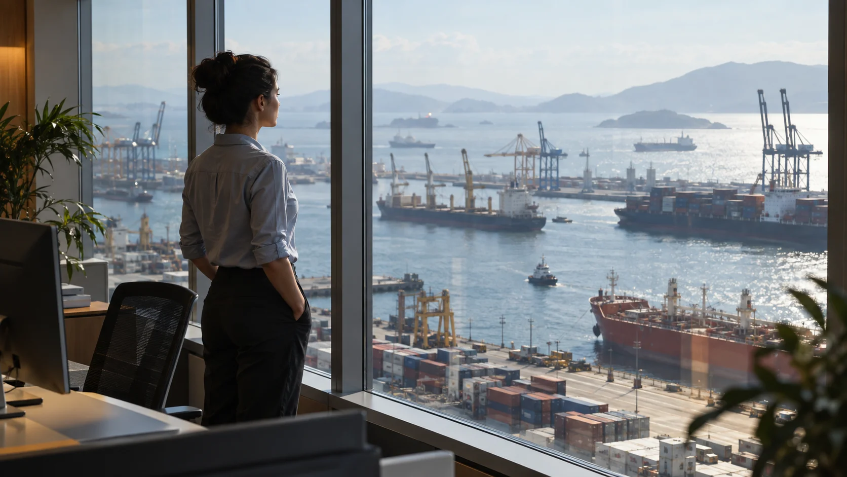 A woman stands at a floor-to-ceiling office window overlooking a busy container port with multiple cargo ships and gantry cranes.
