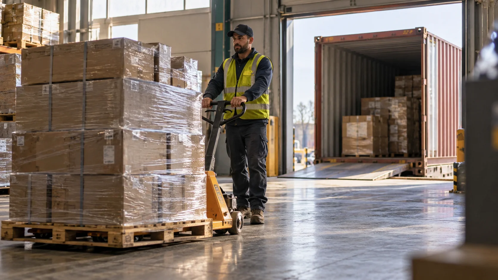 A stack of ocean-freight moving cartons at a US export depot, layered and organized by weight on a pallet, a warehouse worker using a pallet jack to align the stack