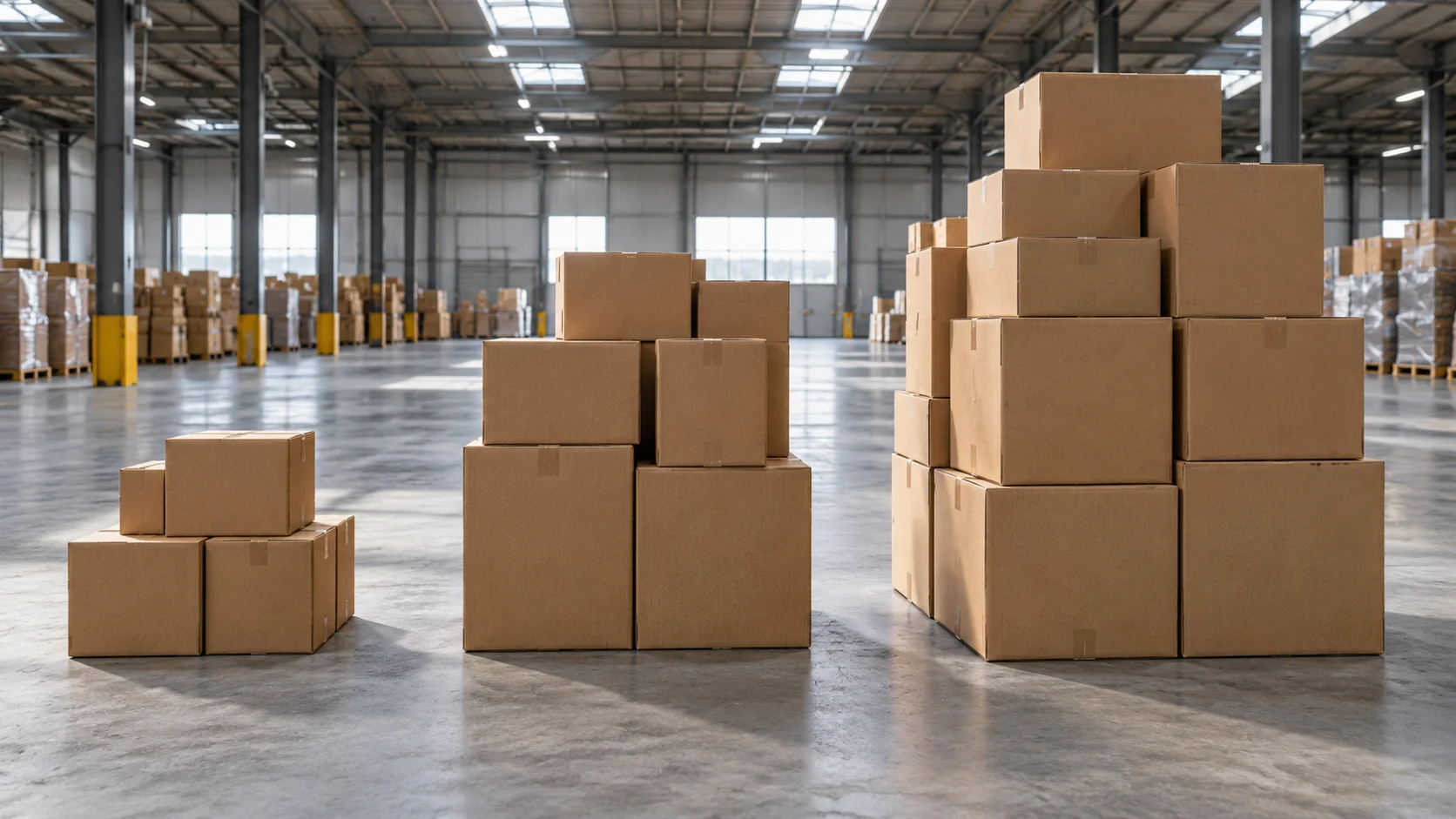 Three distinctly sized stacks of household moving boxes lined up in a US warehouse staging area — a small studio-sized stack, a mid-sized one-bedroom stack, and a larger