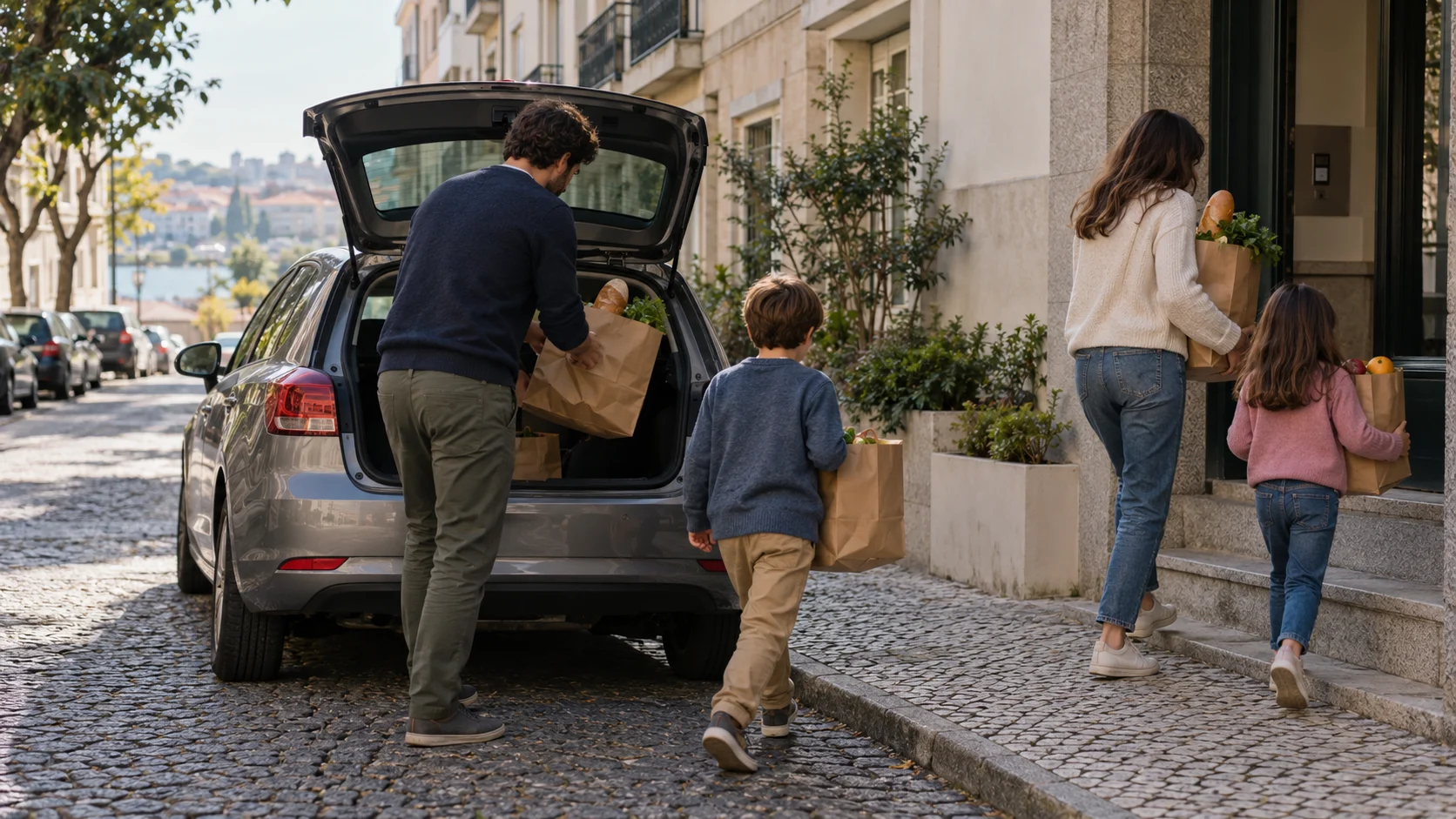 A family of four carrying paper grocery bags from a parked car into their building, illustrating everyday household spending