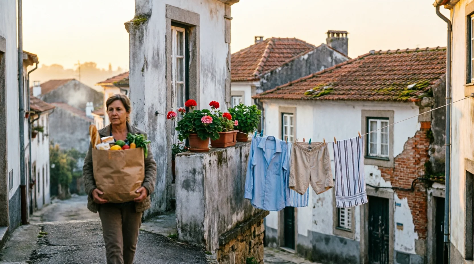 Rue résidentielle calme d'un quartier portugais avec des murs blanchis à la chaux et des toits en tuiles