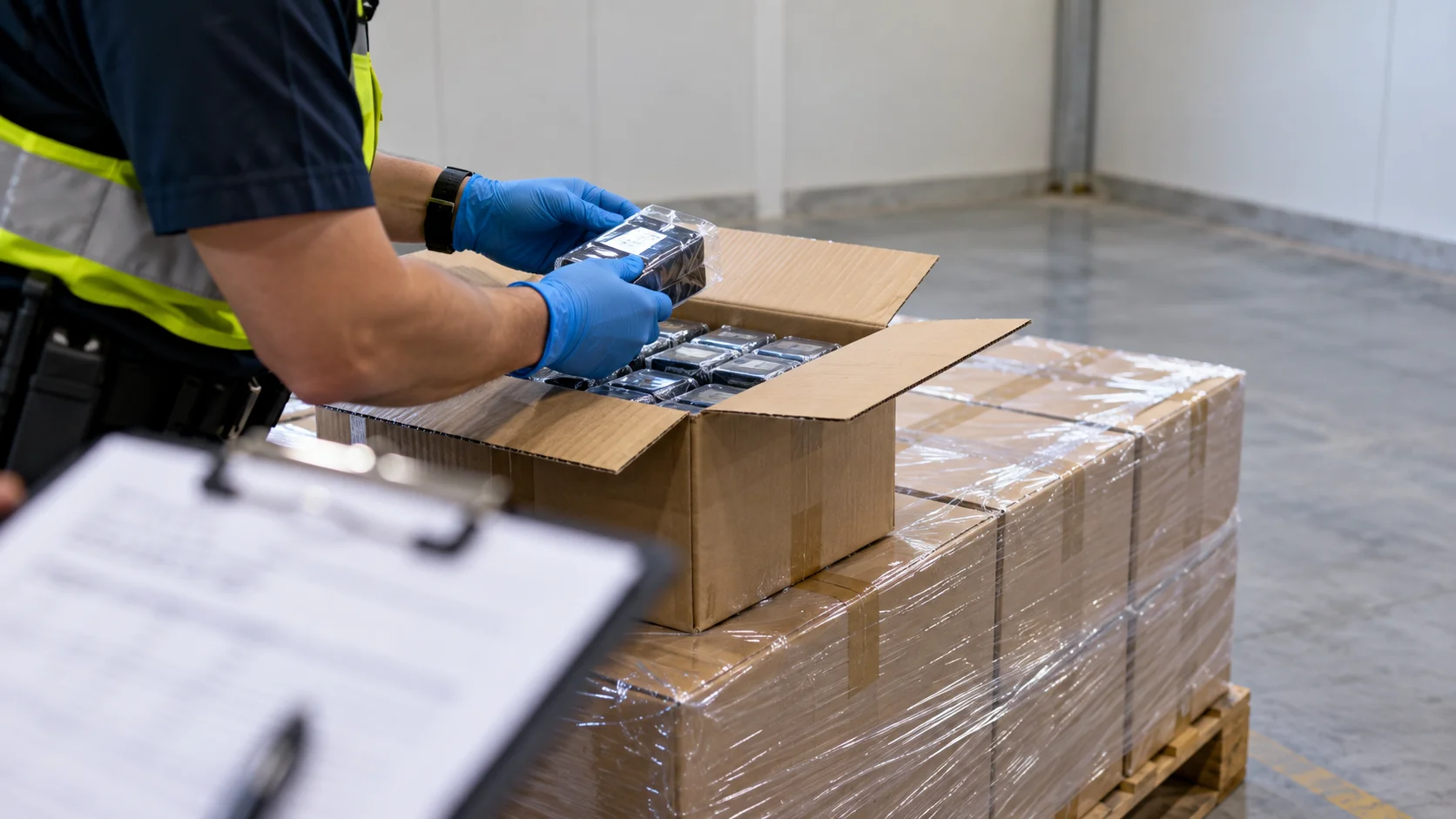 Customs officer inspecting a carton's contents against a manifest at an Australian bonded examination bay