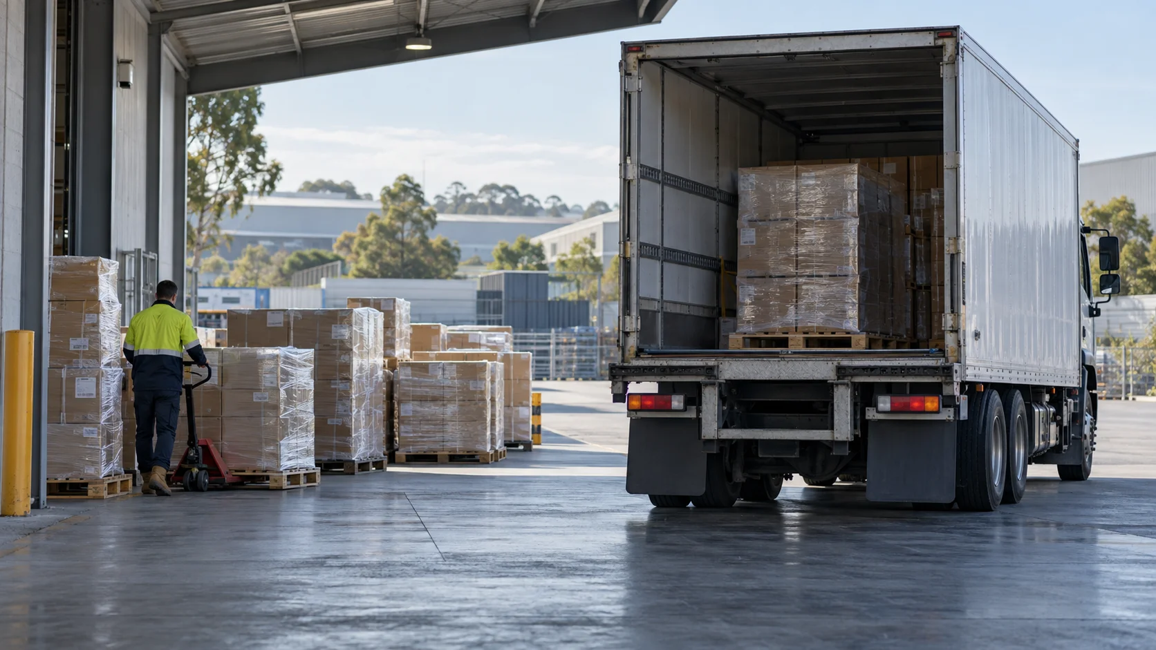 A rear commercial receiving yard at an Australian import warehouse in clean early-morning light, a stack of palletized cartons waiting under a covered awning beside a