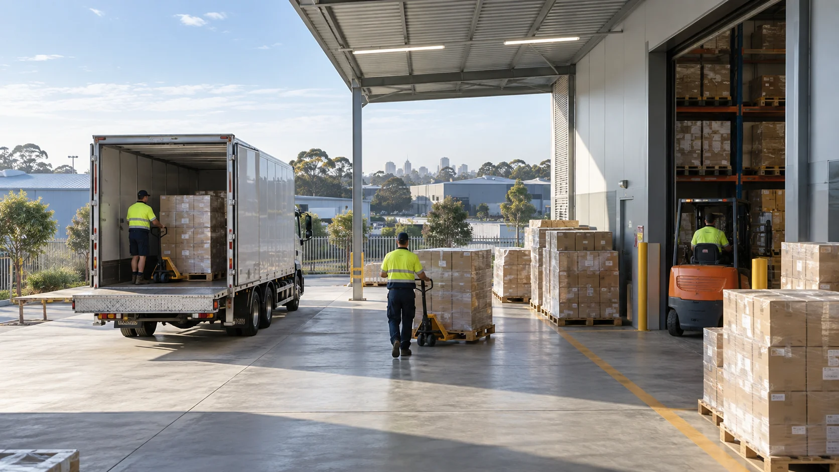 Warehouse workers in hi-vis vests load pallets between a delivery truck and dock, with a city skyline in the background.