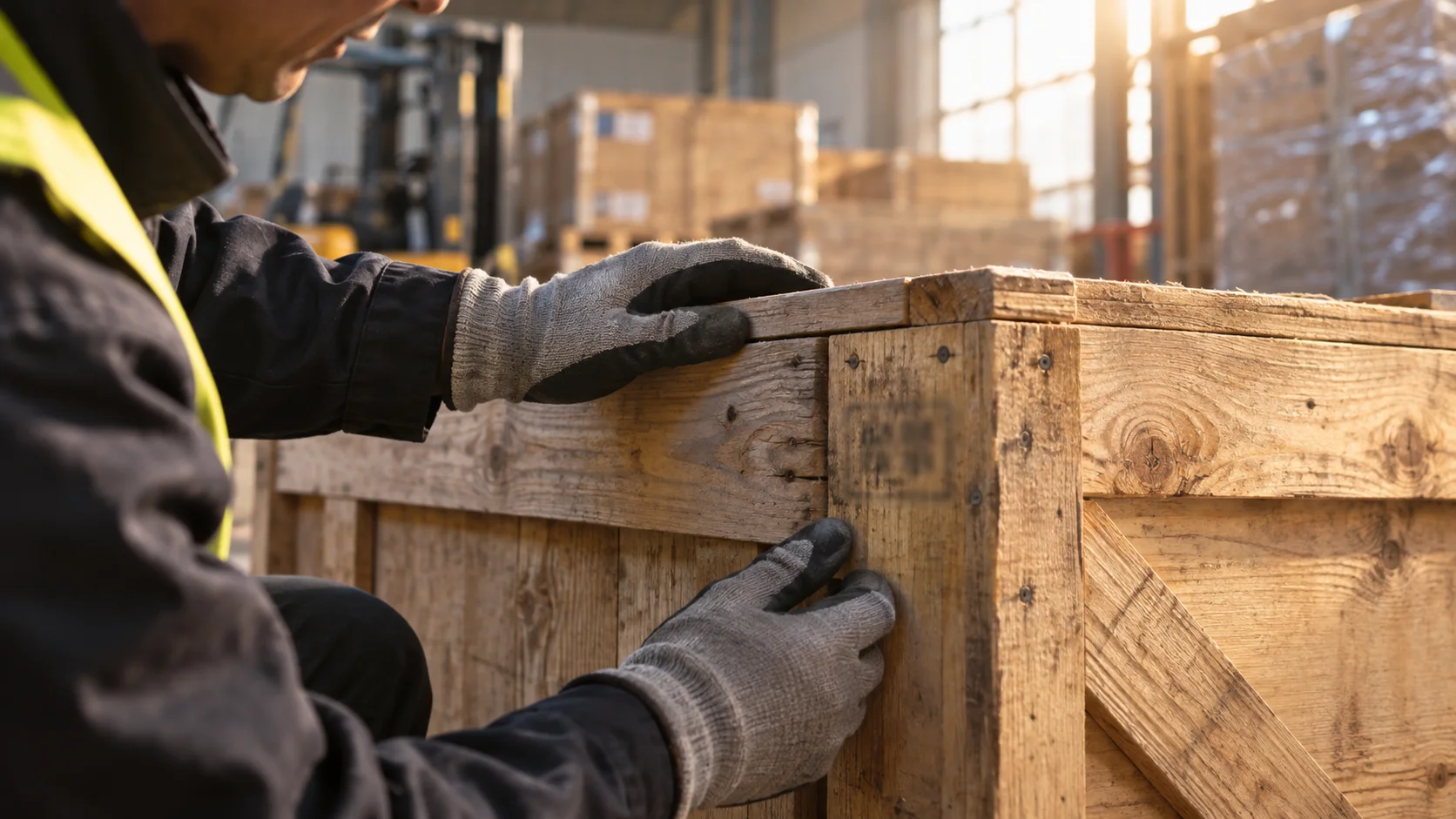 Close-up of gloved hands inspecting the corner joints of a wooden shipping crate in warm sunlight.