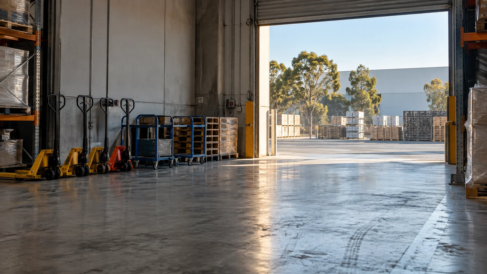 Empty warehouse bay with pallet jacks and trolleys staged along the wall, morning light through an open roller door.