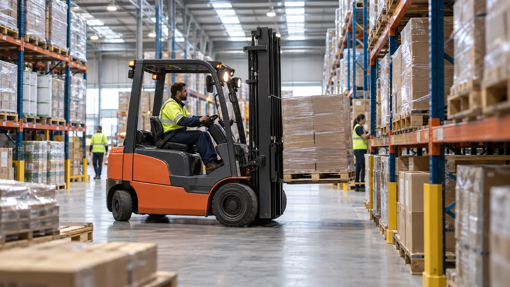 A forklift carries a wrapped pallet down a busy warehouse aisle while staff work among the shelving.