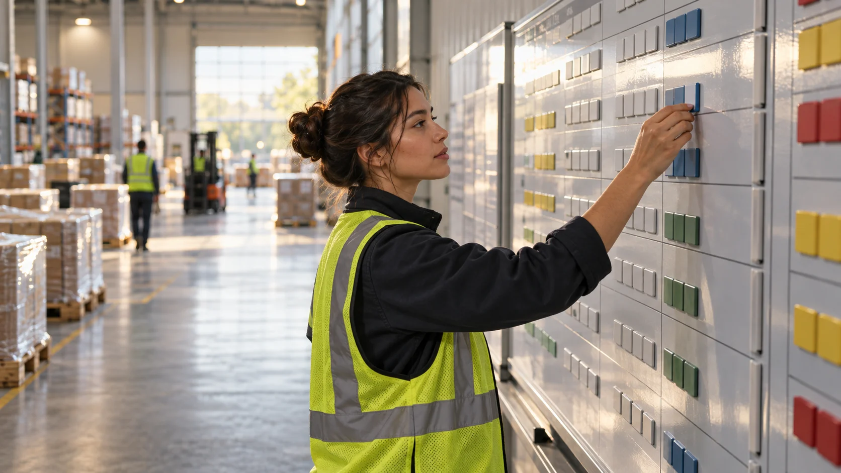 A warehouse coordinator in a hi-vis vest places a colored magnetic tag on a wall-mounted scheduling board.