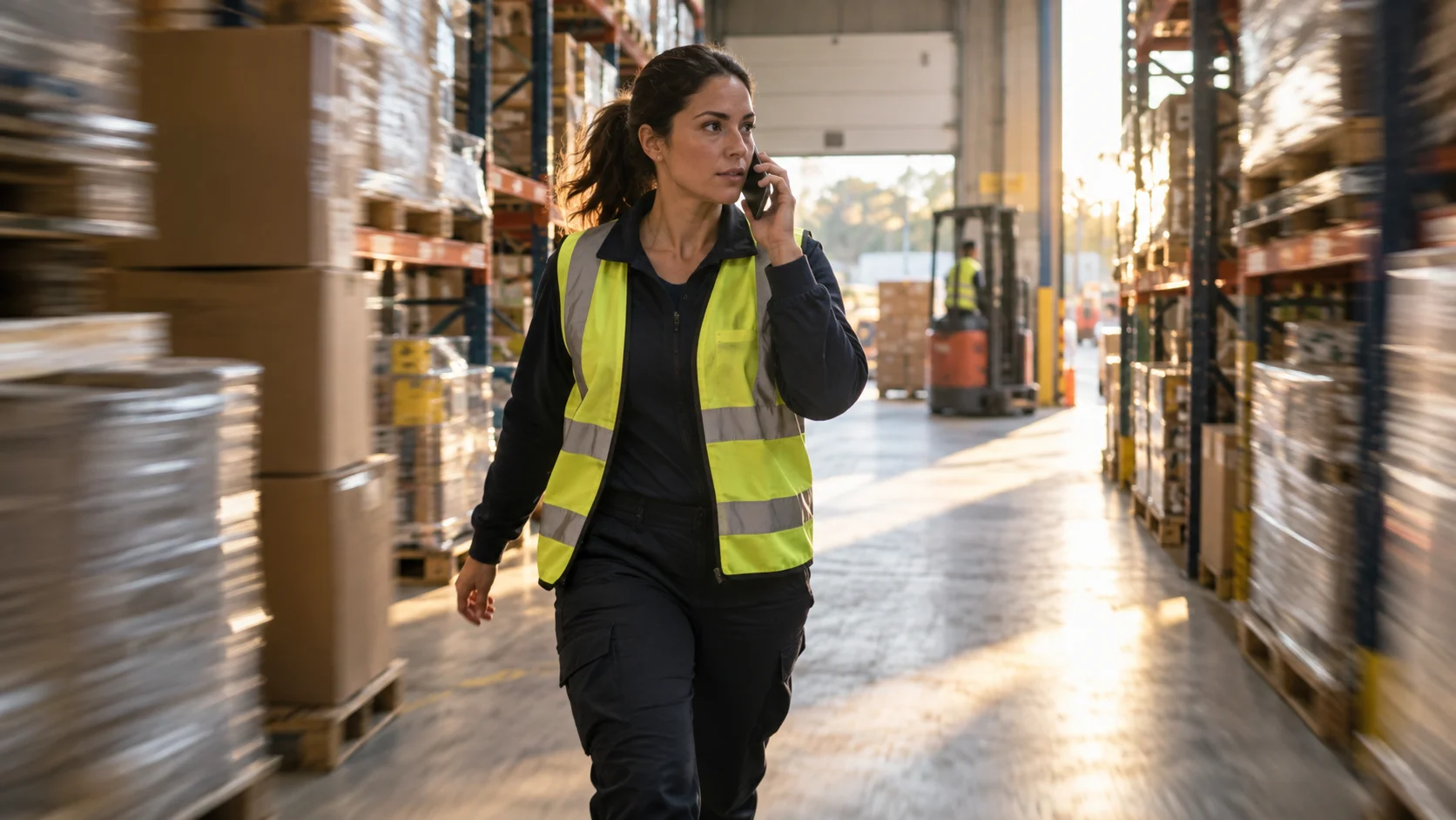A warehouse staff member in a hi-vis vest walks briskly down an aisle while talking on her phone.
