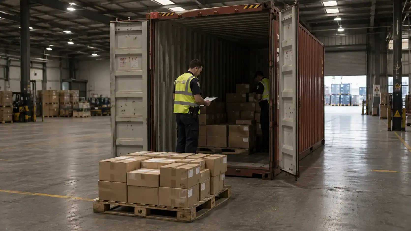 An Australian Border Force officer inspecting a shipping container or examining cargo documentation at a port terminal