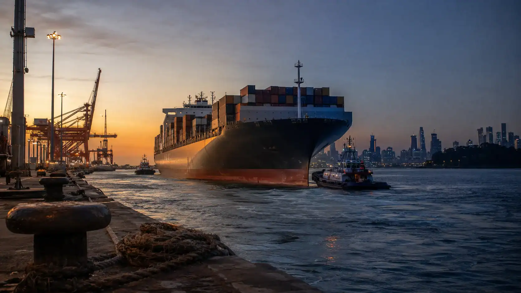 Container ship departing port at dusk with tugboats alongside, gantry cranes and a city skyline in the background