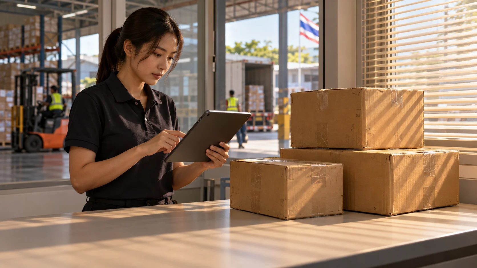 A small stack of personal-effects moving boxes being checked against a shipment manifest on a tablet inside a bright receiving office adjoining a Thai warehouse, the