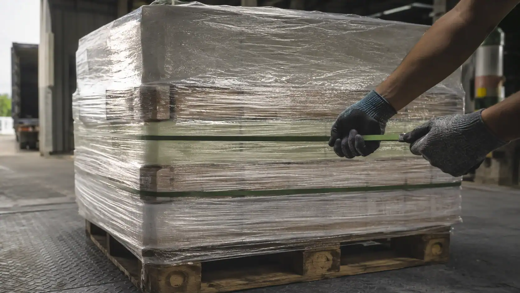 Warehouse worker tightening a strapping band around a large plastic-wrapped pallet of goods at a loading dock, representing the packing and handling costs layered on top of the invoice price for customs valuation