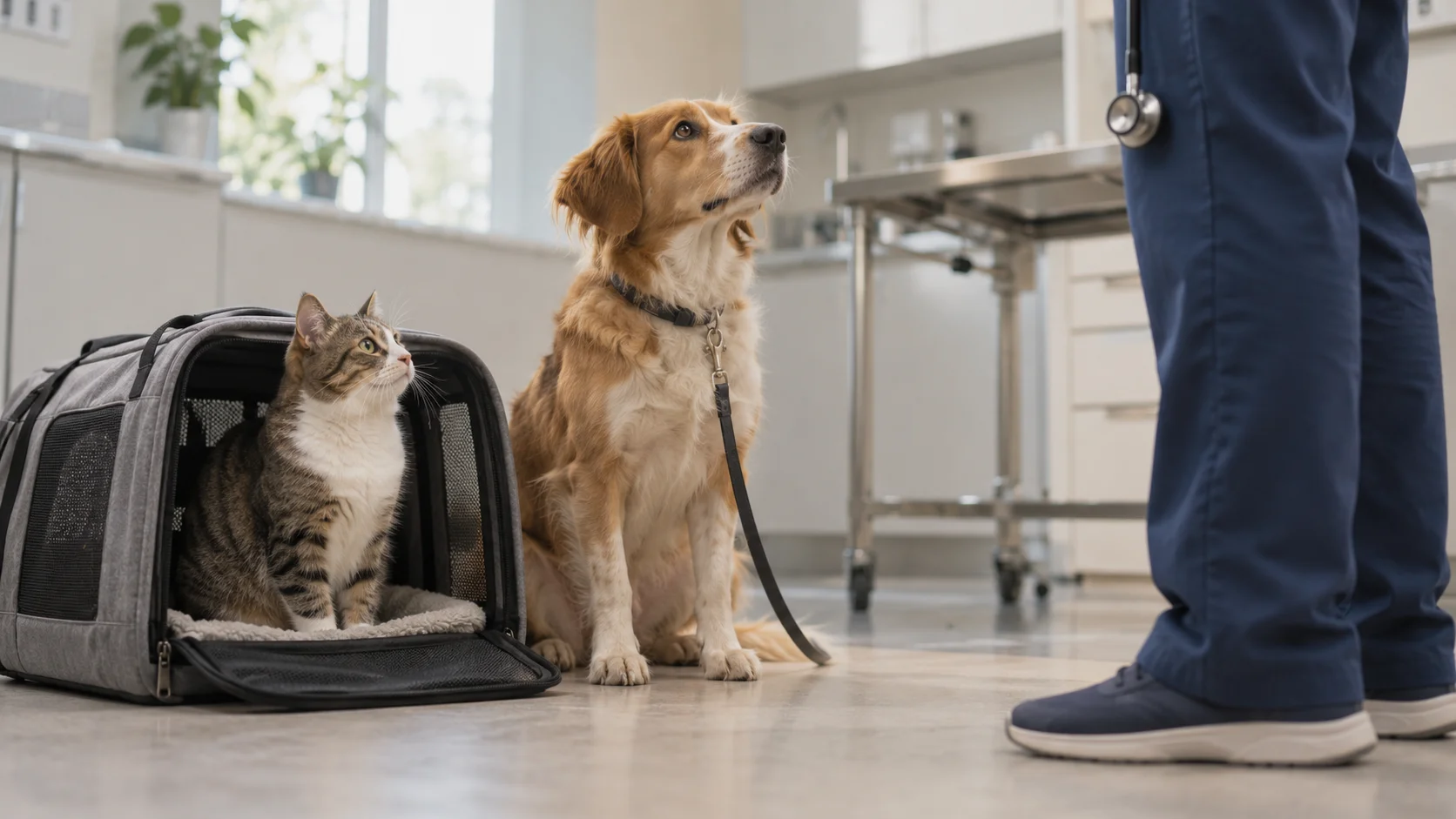 A leashed dog and a cat in an open carrier looking up at a person in scrubs, illustrating how each species is handled side by side