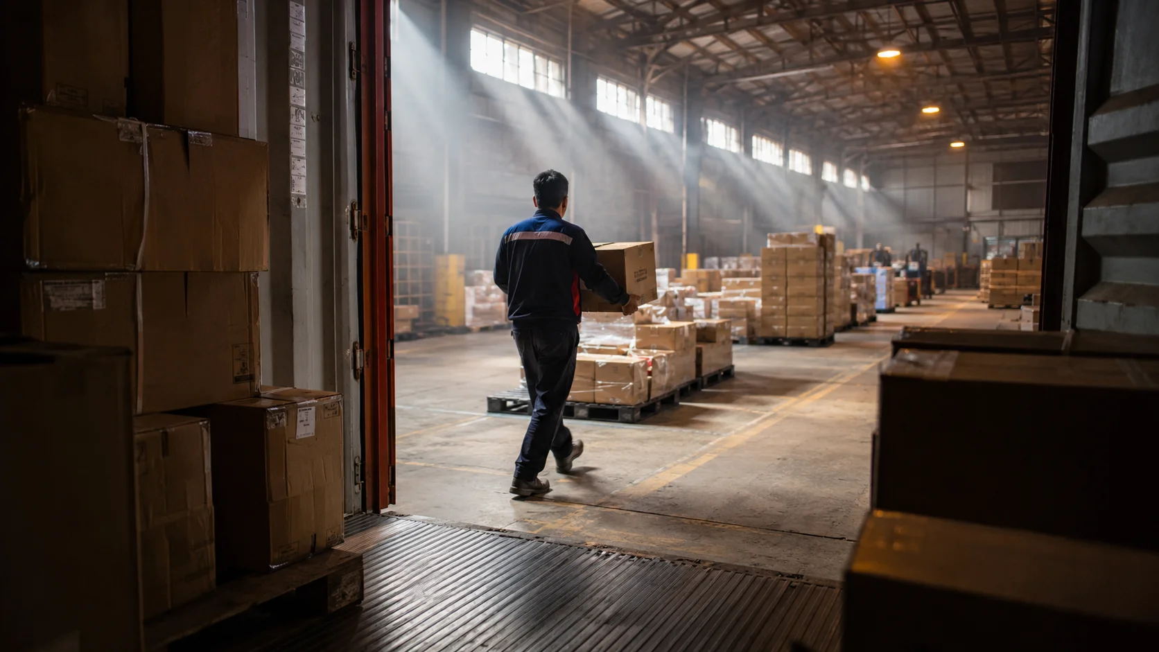 Warehouse worker carrying a box away from an open shipping container door into a sunlit container freight station stacked with palletized cargo, illustrating the deconsolidation stage where mixed shipments are separated by consignment