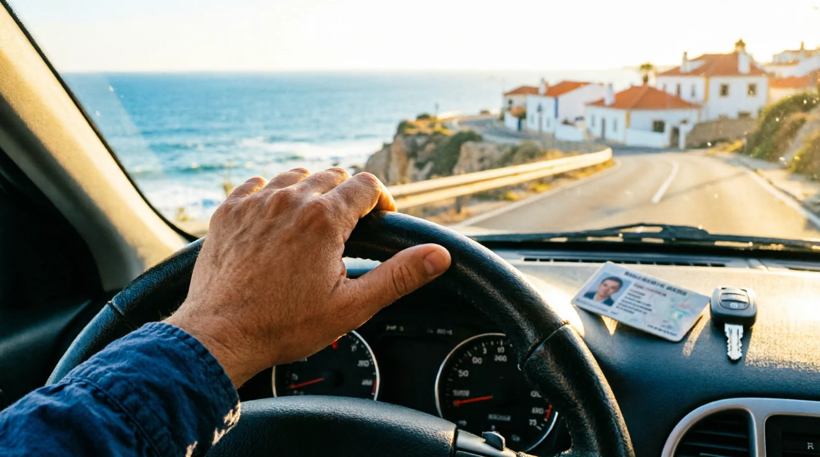 One hand on the steering wheel, a photo licence card and a car key on the dashboard, with a coastal road and white houses ahead