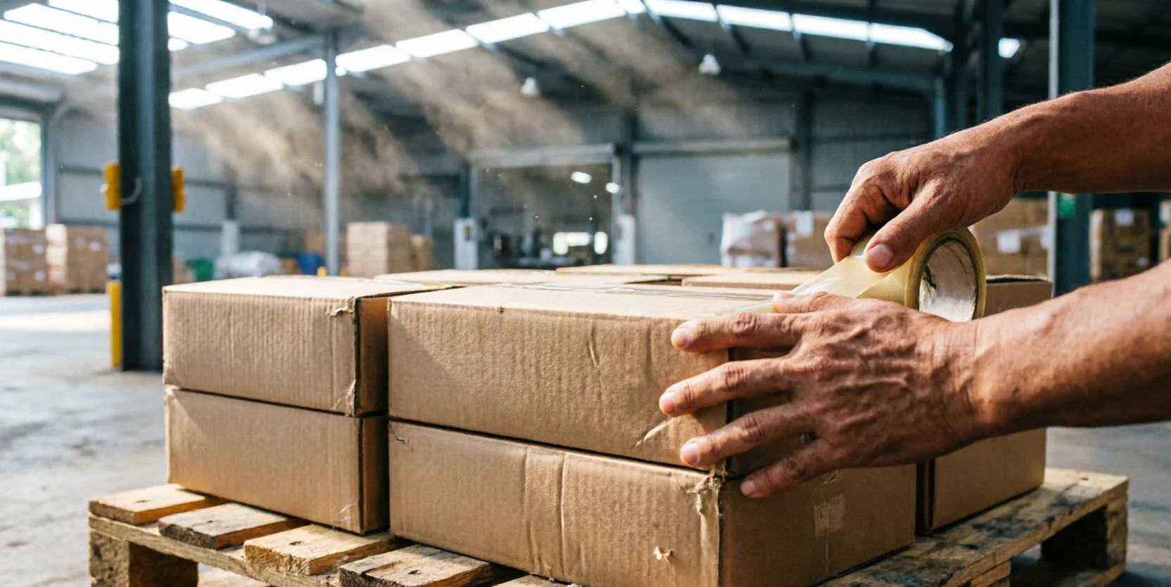 A pair of hands tapes shut cartons stacked on a pallet in a sunlit warehouse staging area.