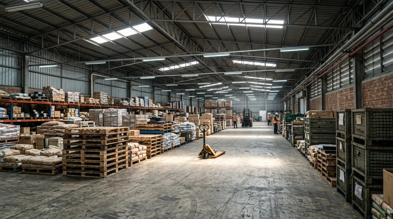 A wide interior view of a steel-trussed warehouse shows rows of palletized goods and a single pallet jack parked in the aisle.