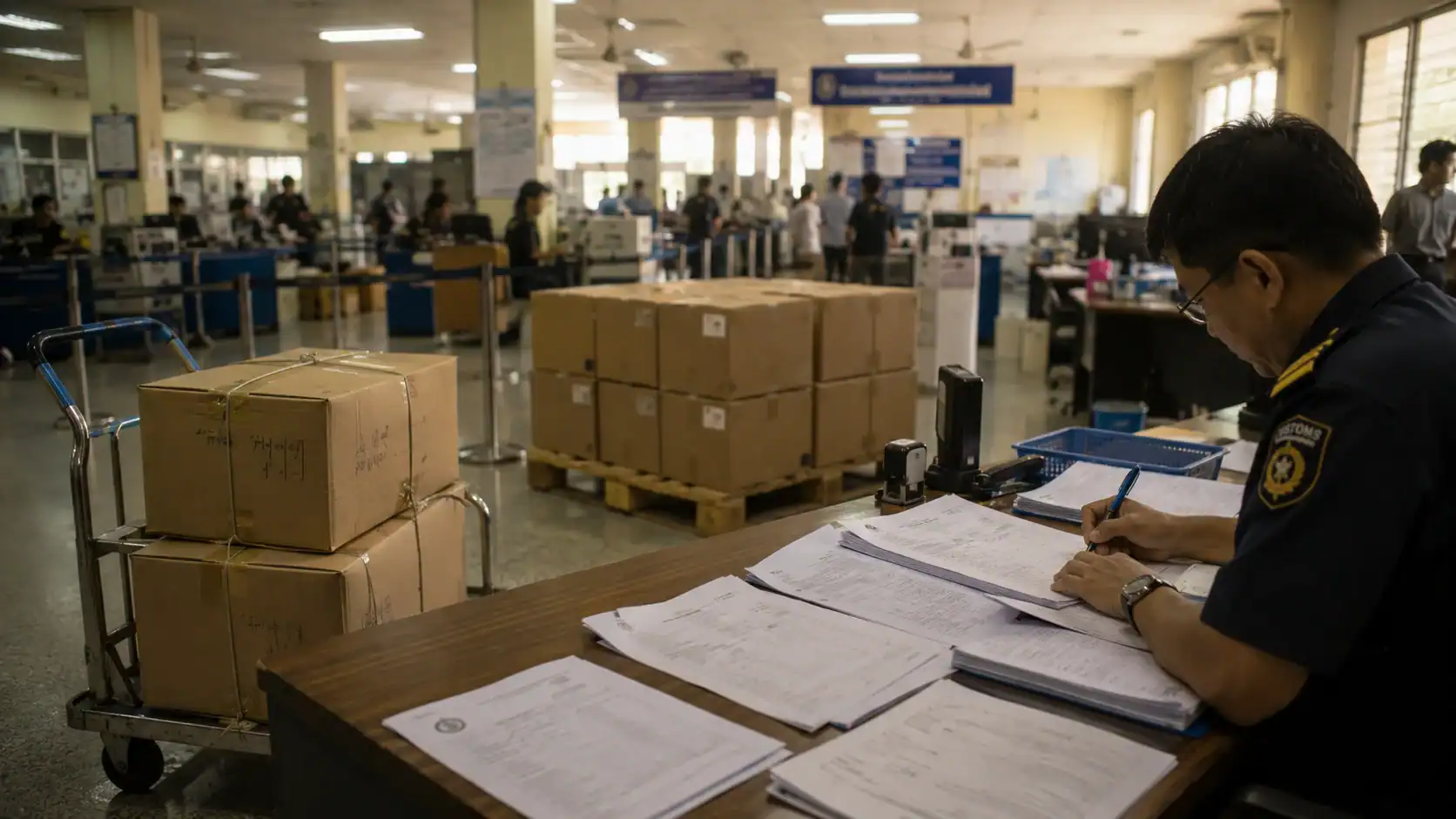 Thai customs officer reviewing documents at Laem Chabang, or a clean flatlay of shipping documents alongside a Thai customs stamp and a duty-free declaration form