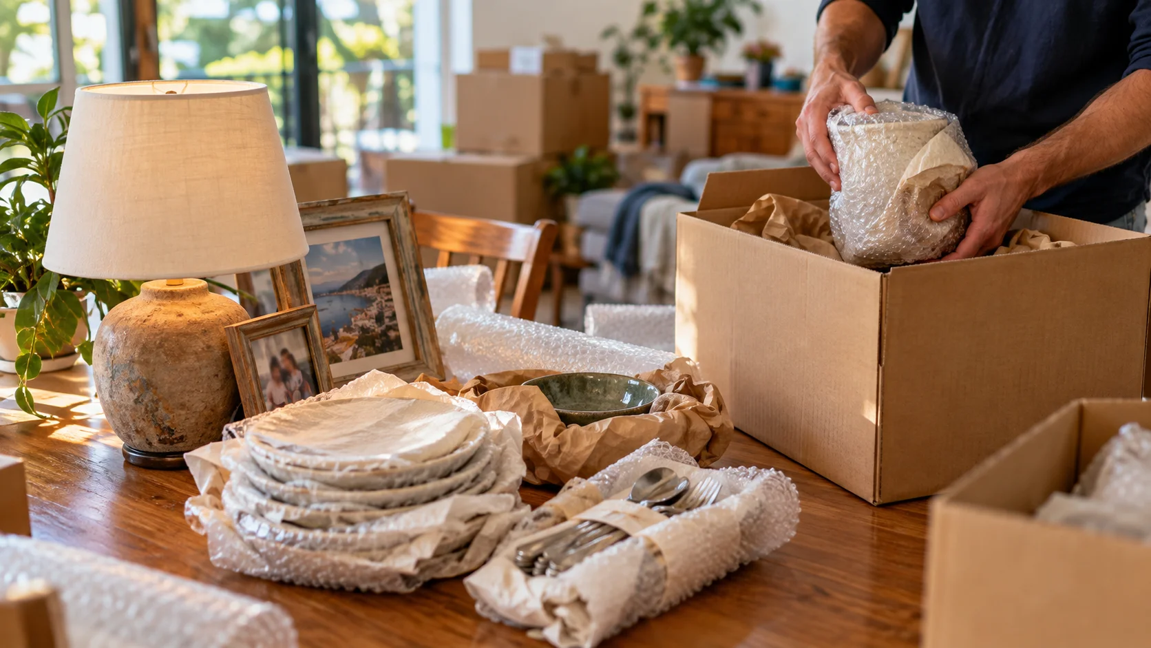 Ordinary, clearly well-used household belongings — a table lamp, framed photographs, kitchen items — being carefully boxed in a home setting, natural indoor daylight,