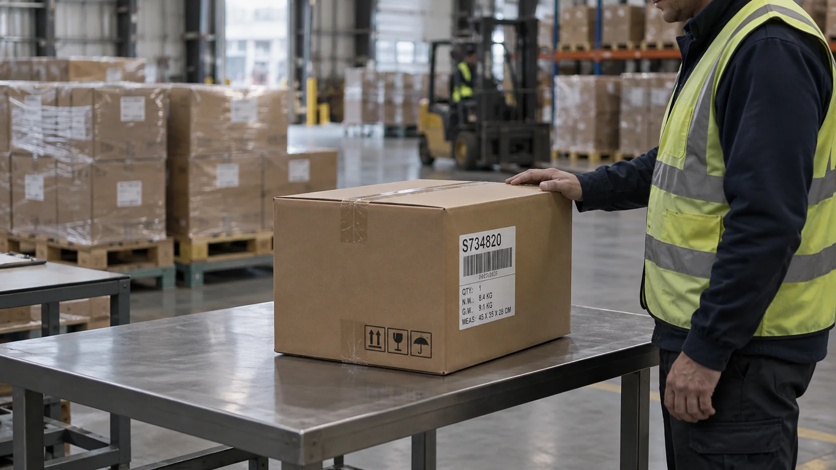 A shipment holding area where a single carton sits apart from the rest on a separate table for closer review, soft overcast warehouse light, a staff member's hand