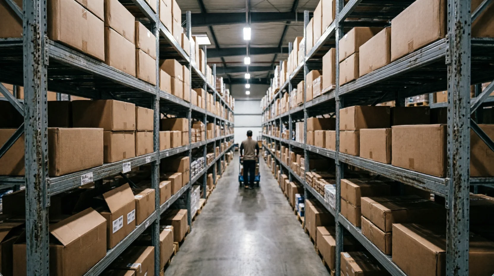 A third-party logistics warehouse aisle racked with eCommerce inventory