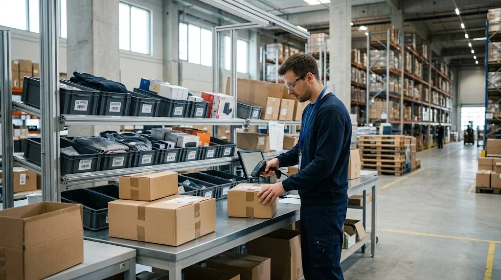 A returns bench where goods are scanned and logged before a duty drawback claim is lodged