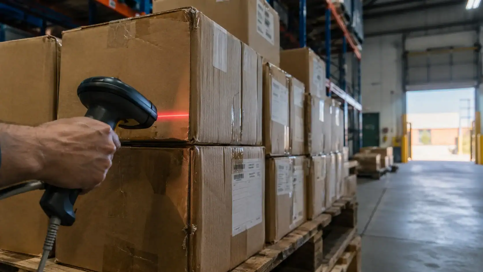 Warehouse worker scanning a barcode with a handheld scanner on stacked cartons on a pallet rack
