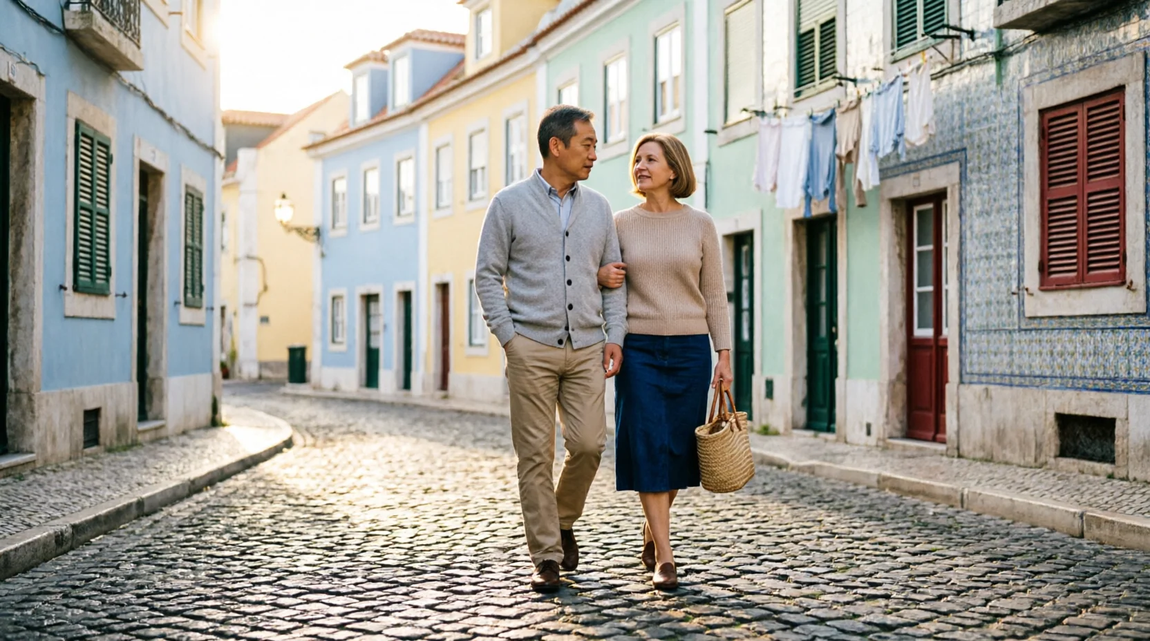 A couple walking arm in arm along a cobblestone street lined with colourful houses, representing settling into daily life and healthcare in Portugal as expats
