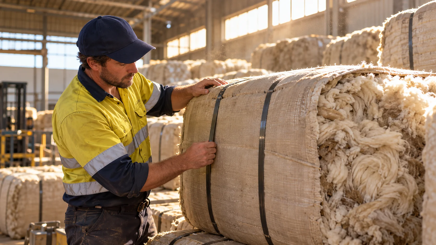 In an Australian wool-handling facility, a worker checks a compressed wool bale's binding straps before it's stacked with several others, the bale's natural