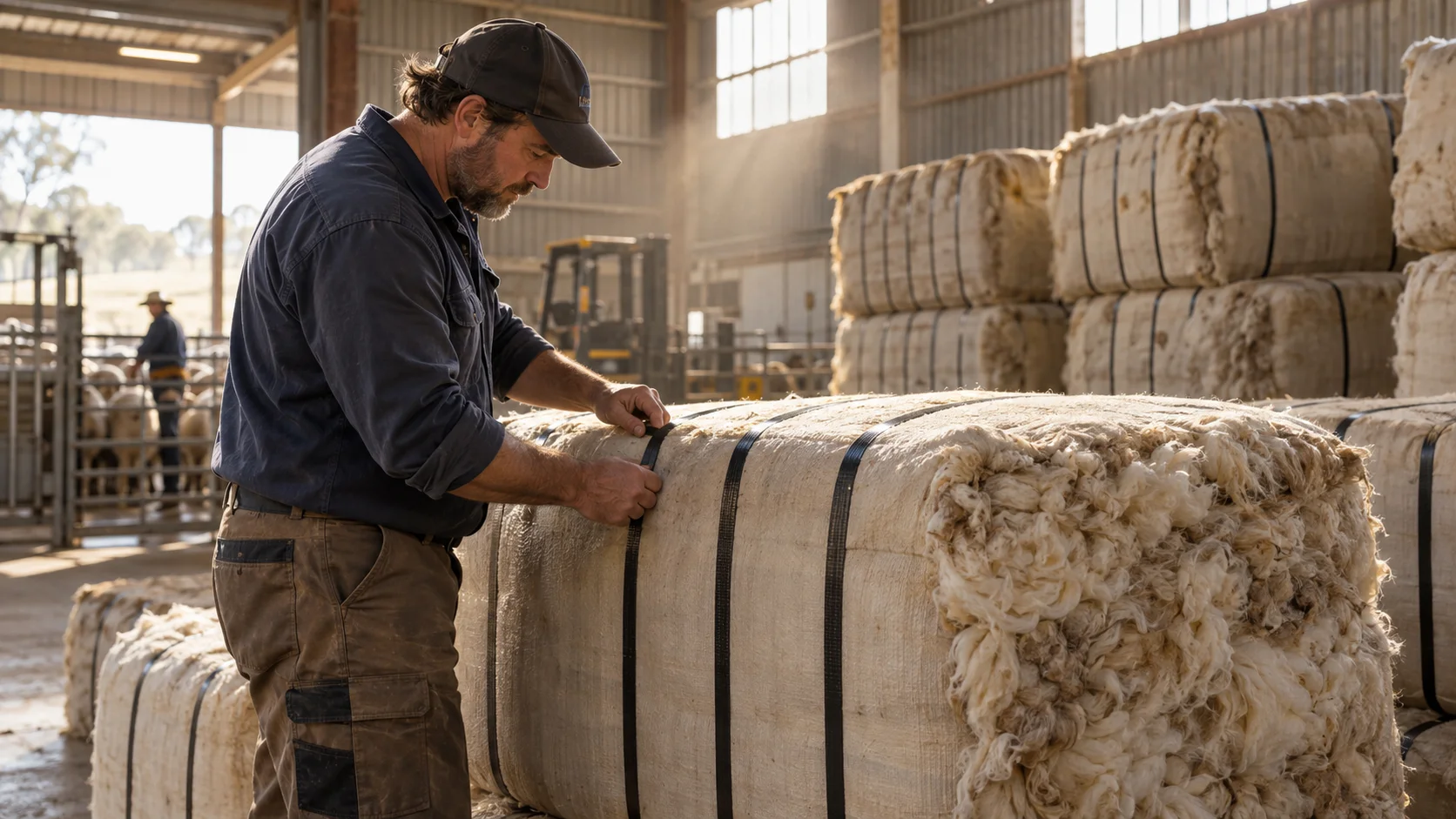 In an Australian wool-handling facility, a worker checks a compressed wool bale's binding straps before it's stacked with several others.