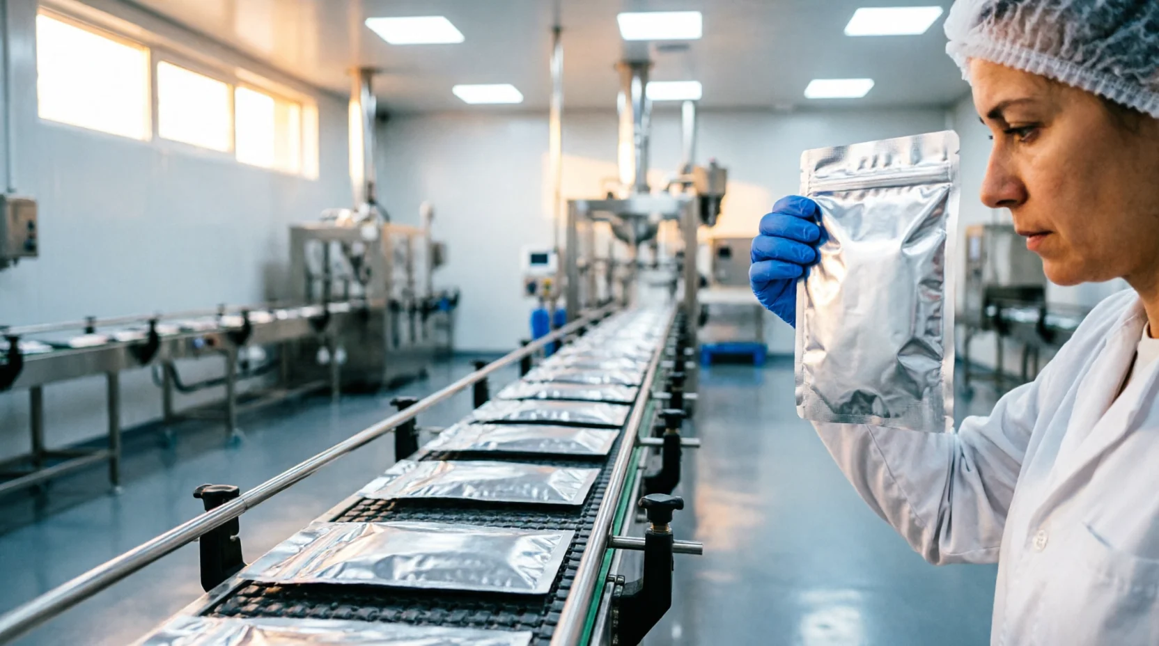 On a clean stainless packing line inside a pet food processing facility.