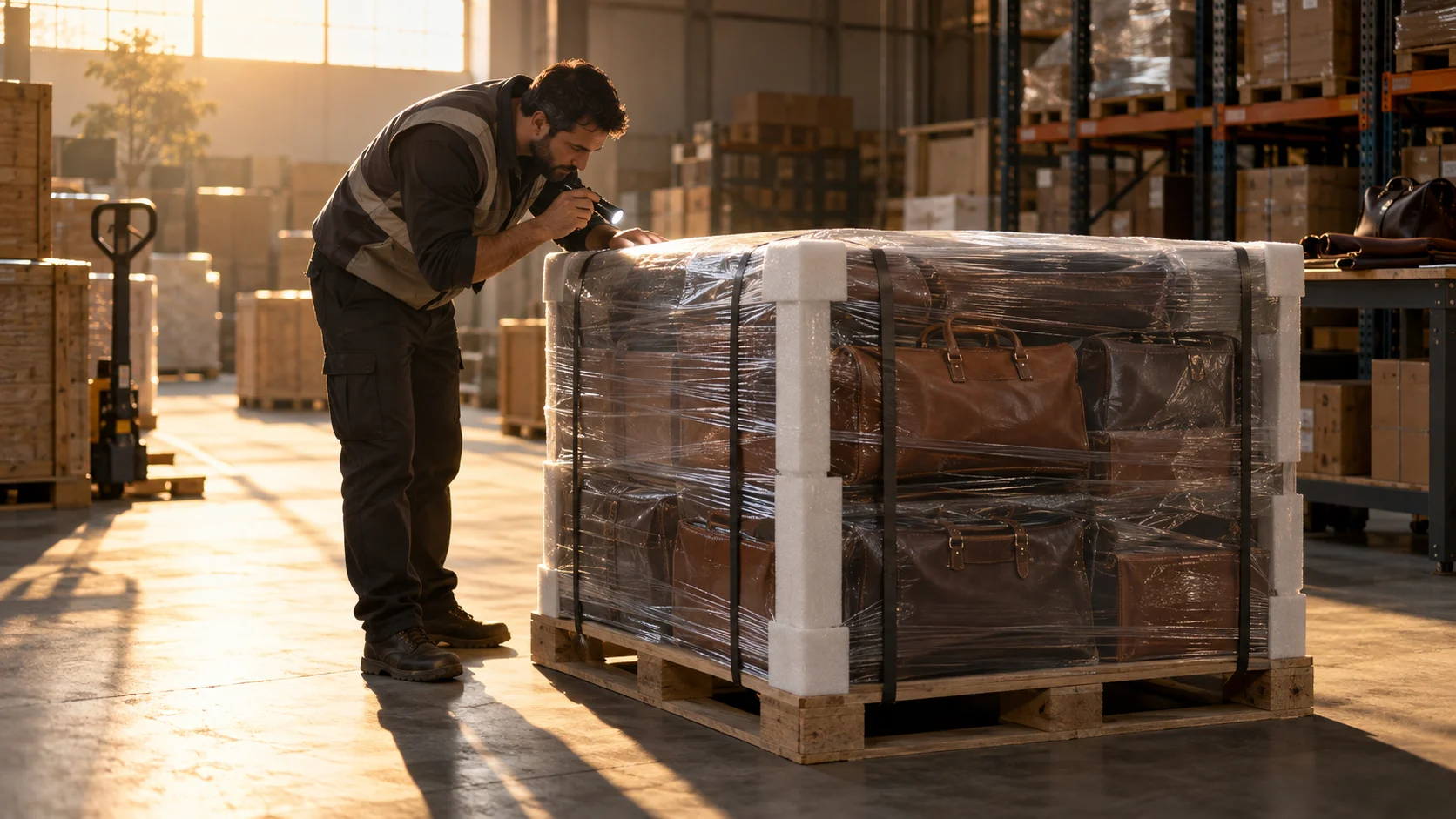 A pallet of finished leather goods sits precisely wrapped at a warehouse's export staging point, corner protectors perfectly aligned at each edge.