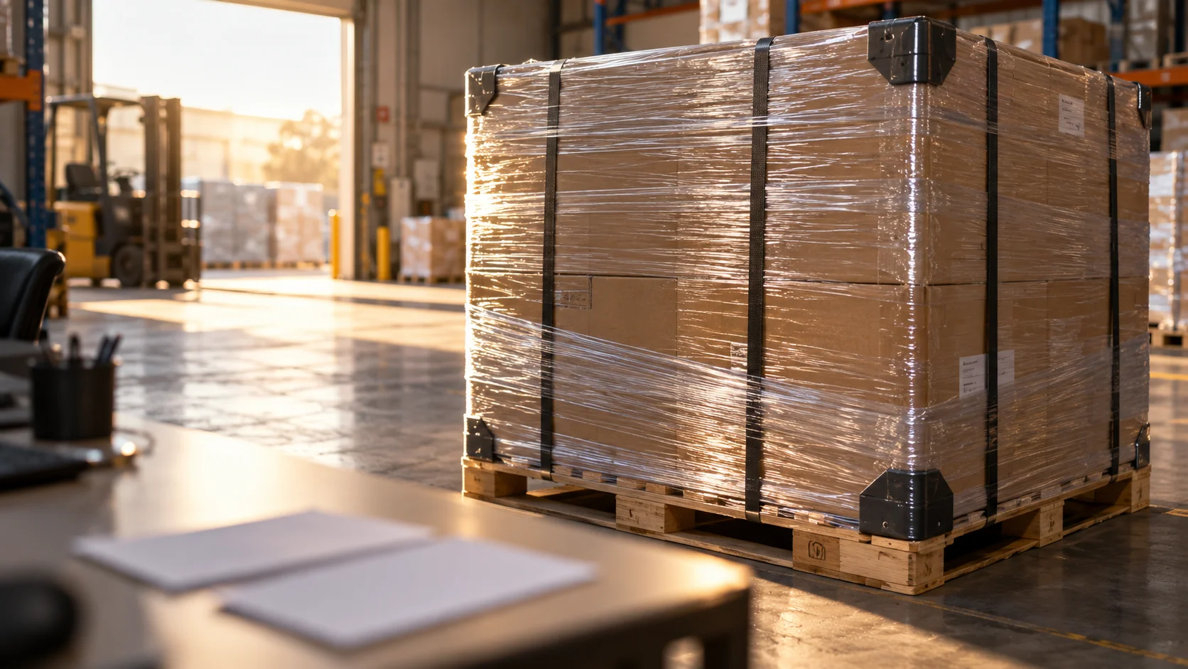 A cargo insurance document and a shipping manifest resting on a warehouse desk beside a sealed, strapped pallet, morning light catching the pallet's protective wrap, the
